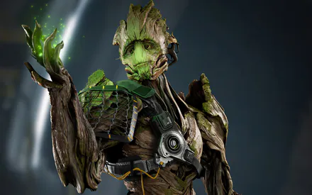 Древовидный, Мох, Зеленые искры, Броня, Реалистичный 3d, Супергерой, Киборг