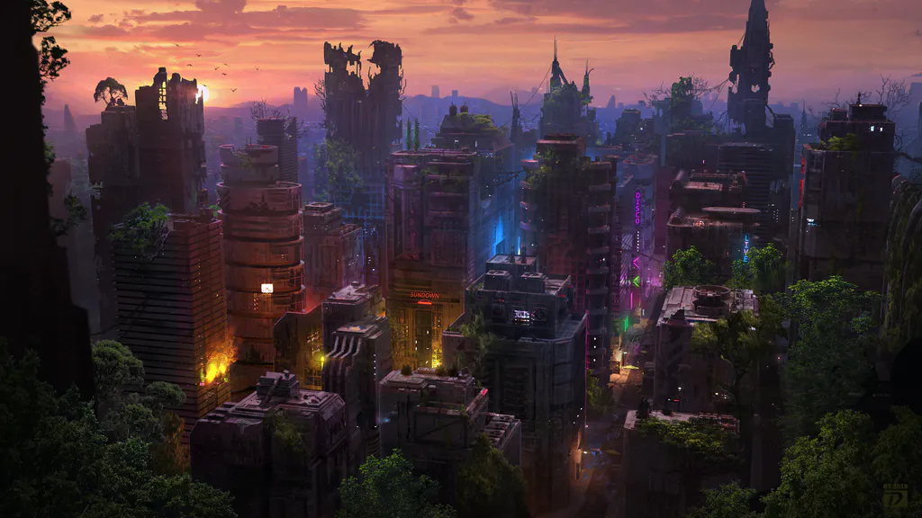 Обои на рабочий стол: Разрушенный неоновый город