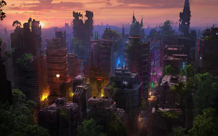 Постапокалипсис, Киберпанк, Небоскребы, Закат, Урбанистика, Руины, Растения, Вывески, AI Art