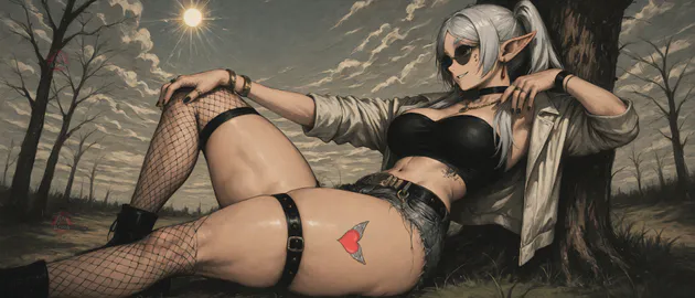 Женщина, Чулки, Серебряные волосы, Очки, Татуировки, Короткие шорты, Лес, Альтернативный стиль, Ultrawide