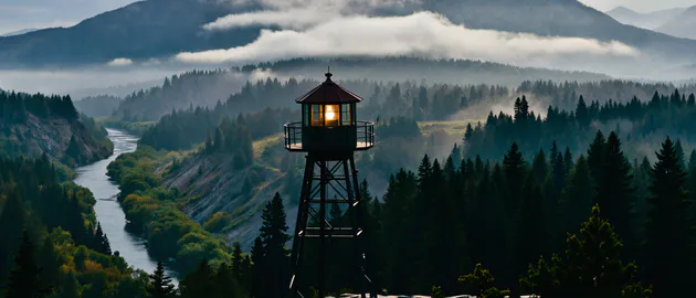 Лес, Река, Горы, Сосновый лес, Утренний свет, Долина, Вышка, Ultrawide