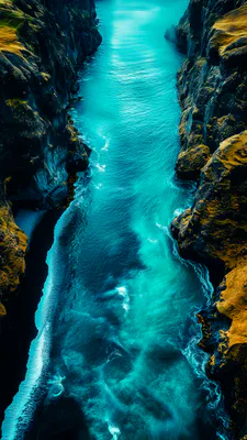 Скалы, Обрыв, Вода, Волны, Побережье, Пейзаж, Контрастные цвета, Вертикальное, AI Art