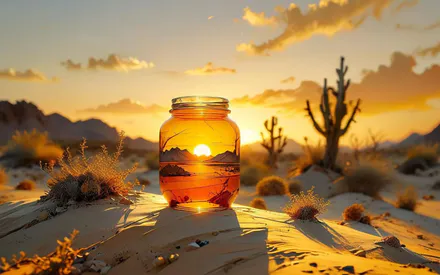 Скляна банка, Банку, Захід сонця, Сонце, Пустеля, Пісок, Дюни, Кактуси, Сукуленти, Гори, Пагорби, Небо, Хмари, Горизонт, Тепле освітлення, Золота година, Світанку, Вечір, Природа, Краєвид, Креатив, Концептуальне фото, Сюрреалізм