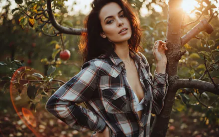 Девушка, Модель, Шатенка, Брюнетка, Женщина, Портрет, Клетчатая рубашка, Рубашка в клетку, Топ, Белое белье, Яблоневый сад, Сад, Деревья, Яблоки, Ветки, Закат, Солнце, Блики, Солнечный свет, Золотой час, Макияж, Взгляд в камеру, Природа, Лето