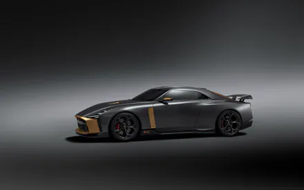 Nissan GT-R50, Italdesign, Спорткар, Суперкар, Автомобиль, Купе, Машина, Серый, Матовый, Золото, Золотистый, Спойлер, Диски, Колеса, Профиль, Вид сбоку, Студийное фото, Серый фон, Минимализм, Концепт-кар, Дизайн, Тюнинг, Скорость, Авто, Транспорт