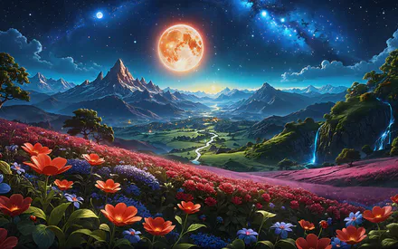 Цветы, Луна, Водопад, Звёзды, Ночь