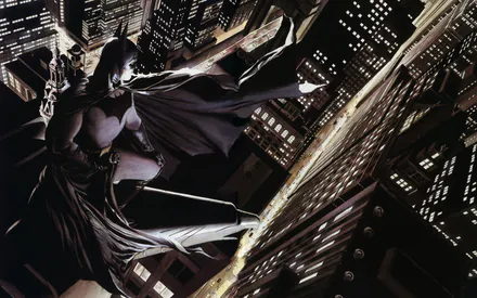 Batman, Gotham, Супергерой, Ночной город, Небоскребы, Плащ, Комиксовая иллюстрация