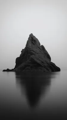 Гора, Скала, Остров, Отражение в воде, Черно-белое, Туман, Минимализм, Спокойный пейзаж
