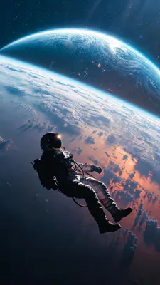 Астронавт, Космонавт, Открытый космос, Земля, Орбита, Скафандр, Звездное небо, AI Art