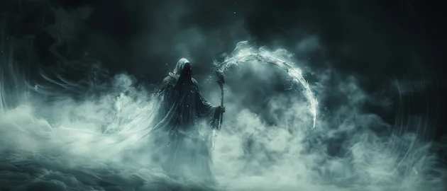 KyRyeZi, Midjourney Art, Death, Ghost, Scythe, Reaper, Haze, Mystical, Gloomy, Widescreen, 10k