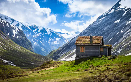 Snow, Rocks, Greenery, Grass Roof, Window, Cloudy Sky, Alpine Landscape