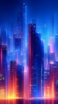 Cyberpunk, Skyscrapers, Neon Lights, Night Silhouette, Reflection, Futuristic, Synthwave, Skyscrapers, AI Art