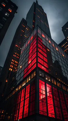 Skyscrapers, Neon Lights, Red Glass, Night Metropolis, Glare, Modern Architecture, Glass Facade