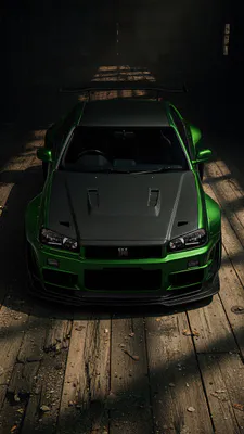 Sports Car, Carbon Hood, Wide Wings, Rear Spoiler, Garage Atmosphere, Dark Lighting, R34, Night Shooting