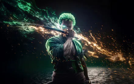 One Piece, Sword, Katana, Green Hair, Energy Effects, Fire Sparks, Sea, AMOLED, AI Art