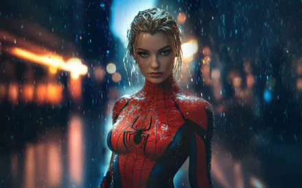 Girl in a Red and Blue Spider Suit, Hair, Rain