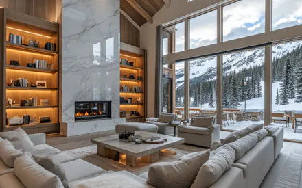 Interior, Living Room, Interior Design, Modern Interior, Luxury Home, Chalet, Fireplace, Marble Fireplace, Sofa, Corner Sofa, Coffee Table, Armchairs, Bookshelves, Backlighting, Wooden Ceiling, Large Windows, Panoramic Windows, View From the Window, Mount