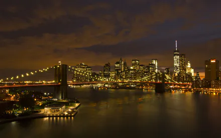 Brooklyn Bridge, New York, Manhattan, Night City, City Panorama, Skyscrapers, Buildings, Architecture, City Lights, Backlight, East River, Reflection in Water, River, Water, Clouds, Night Sky, Twilight, Evening, USA, Cityscape