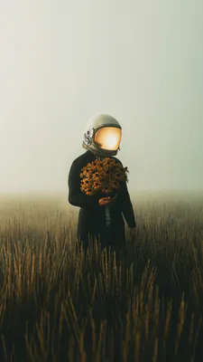 Шлем, Цветы, Поле, Сурреализм, Меланхолия, Мистика, Винтаж, Одиночество, AI Art