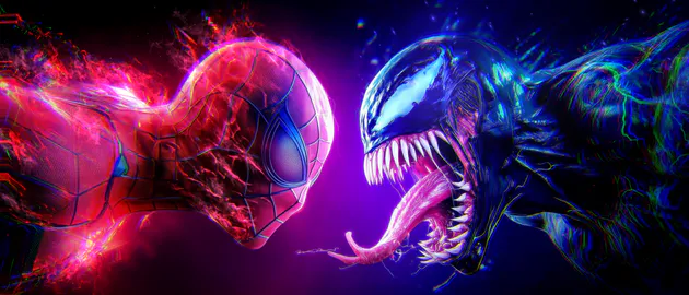 Marvel, Комікси, Антигерой, Симбіот, Неонові ефекти, Двобій, Темний фон, Amoled, AI Art, Ultrawide