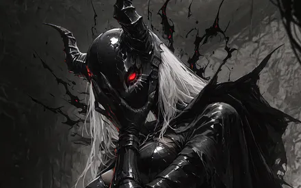 Black Armor, Horns, Red Eyes, White Hair, Gothic, Mystic, Fantasy, Amoled