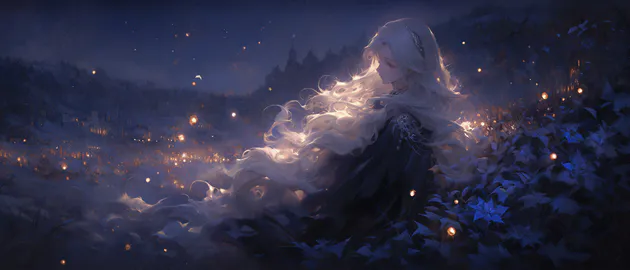 KyRyeZi, Midjourney Art, AI Art, Anime Girl, Night, Lights, Flowers, Fantasy Art, Widescreen, 10k