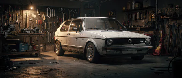 Car, Garage, Vintage, Volkswagen Golf, AI Art