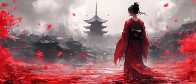 KyRyeZi, Midjourney Art, AI Art, Пейзаж, Фентезі, Японський живопис, Драматичний, Ultrawide