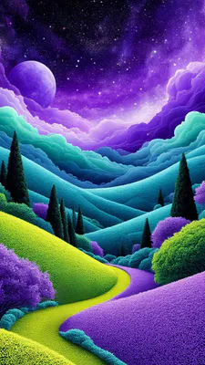 Пейзаж, Лаванда, Поле, Звездное небо, Горы, Искусство AI, Луна, Яркие цвета, Неон, Холм, Магия