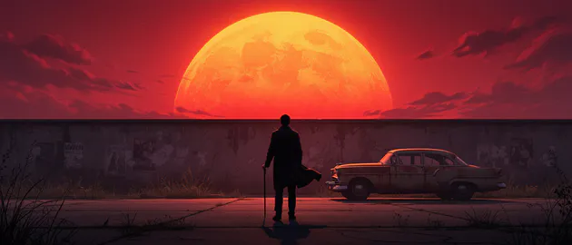 KyRyeZi, ИИ искусство, Широкоформатные, Ретро автомобиль, Силуэт, Фэнтези, Мрачный, Дистопия, Багровое небо, Автомобиль, Луна большая
